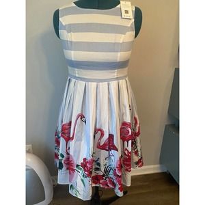 Sleeveless Pink Flamingo Blue White Stripe Fit Flair Retro Style Dress NWT Med